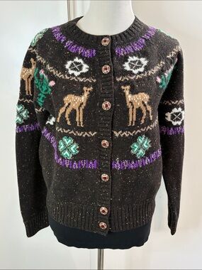 Vintage CHANEL Deer Fair Isle Cashmere Cardigan Knit Sweater Jeweled Buttons 40